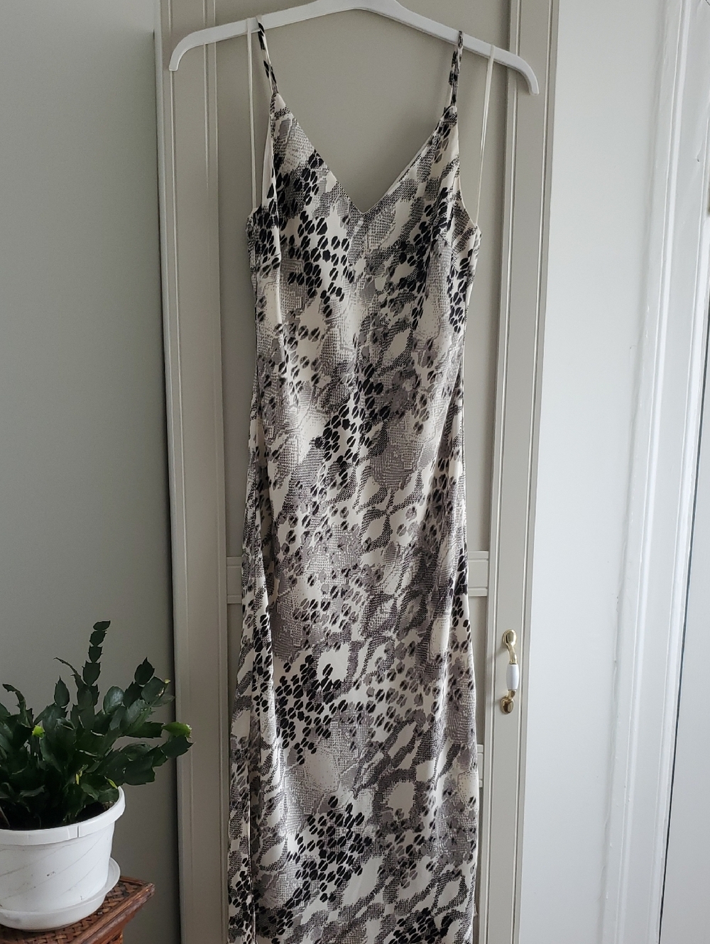 Express Slip Midi Satin Dress in Cream and Black Animal Print